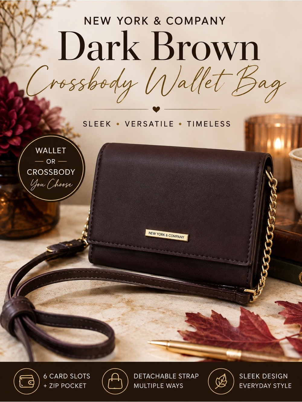 New York & Company Dark Brown Leather Crossbody | Built-inWallet  Bag New Versat